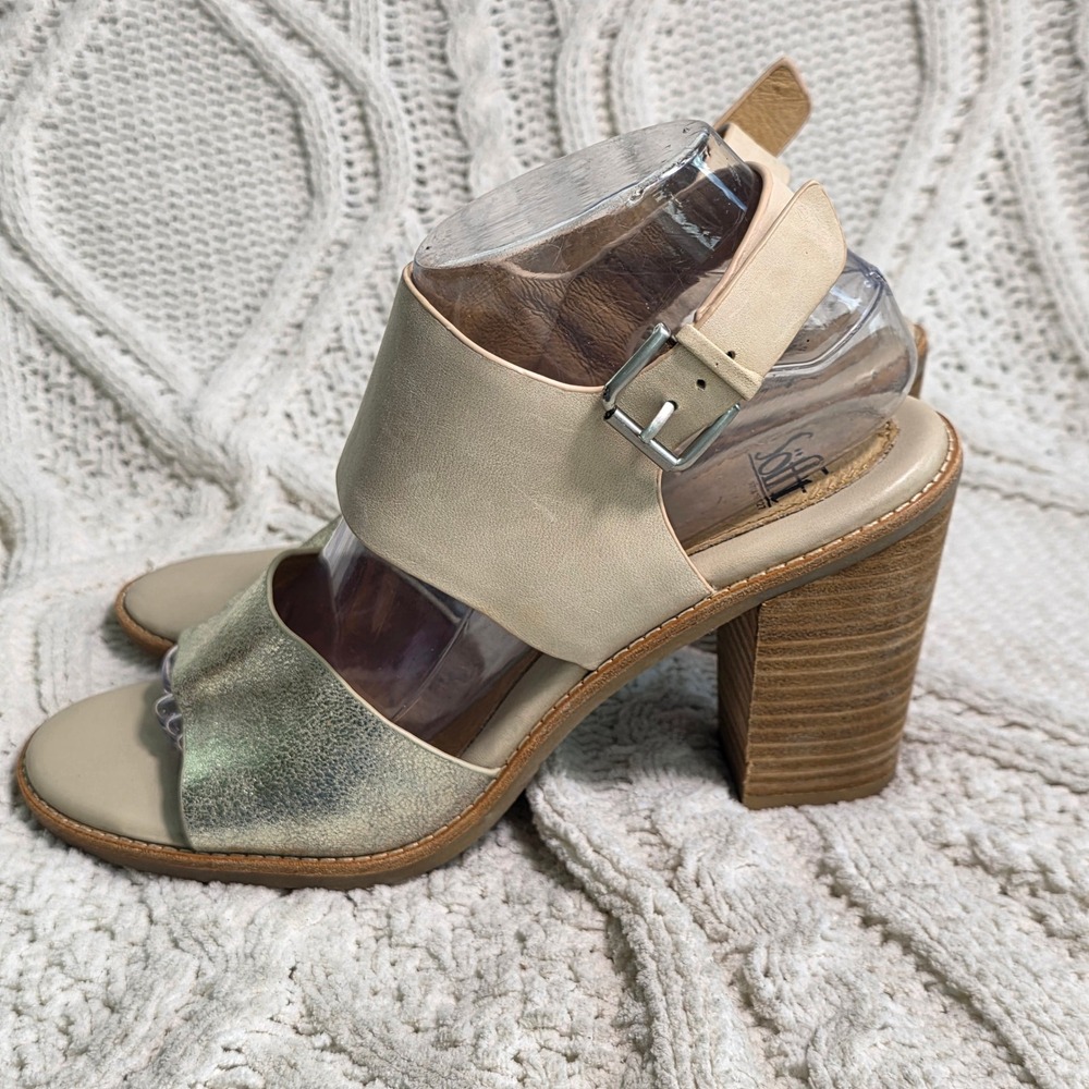 Sofft Stacked Heel Sandals Nude Metallic‎ Leather Lined Strappy Womens 9M